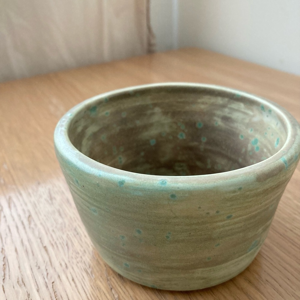studio pottery artist signed rustic bowl mug cup planter candy dish tan green - Picture 3 of 8